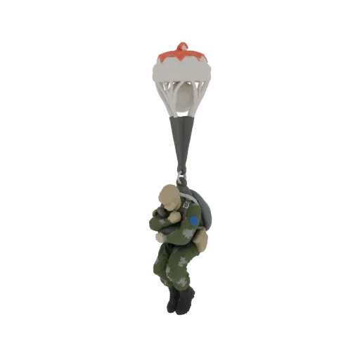 3D-Modell eines Fallschirmjäger-Ornaments, das einen Soldaten im Sinkflug mit weißem, entfaltetem Fallschirm zeigt.