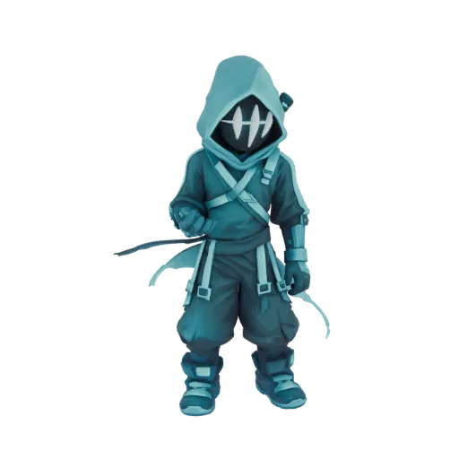 3D model of a cyan ninja figure with a hood and a distinctive mask, standing in a dynamic pose.