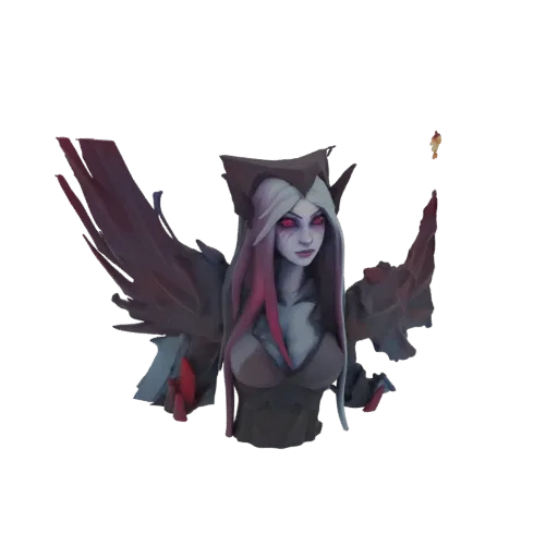 3D model render of a gothic sorceress bust with dark wings, pale skin, and red eyes.