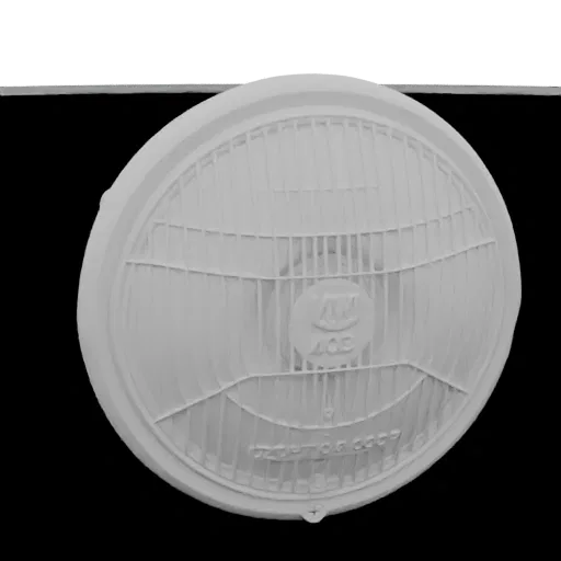 3D model of a vintage car headlight with a protective grille and a central circular emblem, rendered in a neutral gray materi