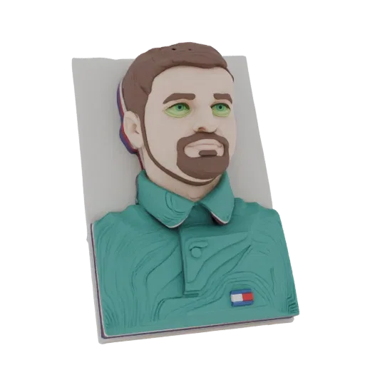 3D model of a man's portrait bust with layered, contour-like details, wearing a teal polo shirt.