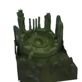 Modèle 3D de ruines de cercle de pierres anciennes avec des monolithes patinés et un autel central, sur fond noir.