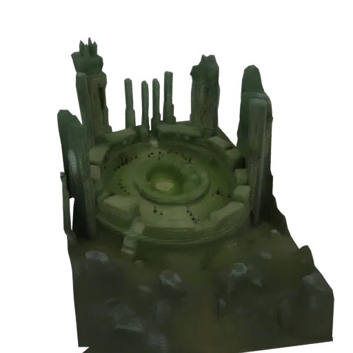 3D model of ancient stone circle ruins with weathered monoliths and a central altar, set against a black background.