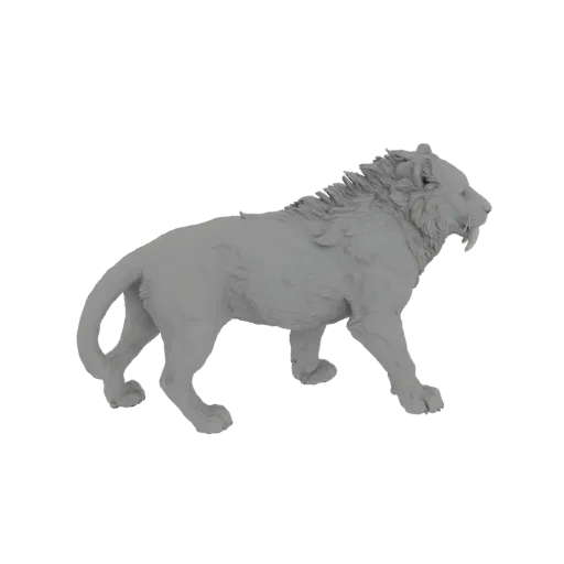 Um modelo 3D detalhado de um Tigre Dentes-de-Sabre cinza em pose de caminhada, exibindo seus longos dentes caninos e constitu