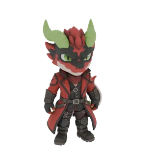 Ein 3D-Rendering eines Chibi-Drachenkriegers mit grünen Hörnern, der einen roten Mantel und detaillierte Rüstung trägt, vor w