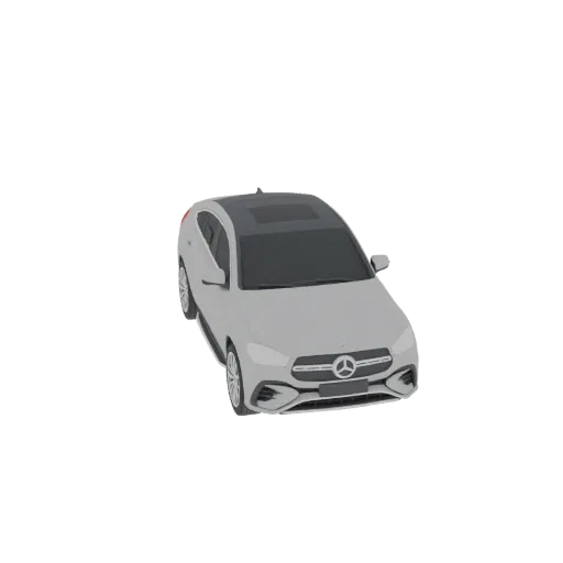 A 3D render of a silver Mercedes-Benz SUV with a black panoramic sunroof, viewed from a slightly elevated front-right angle.