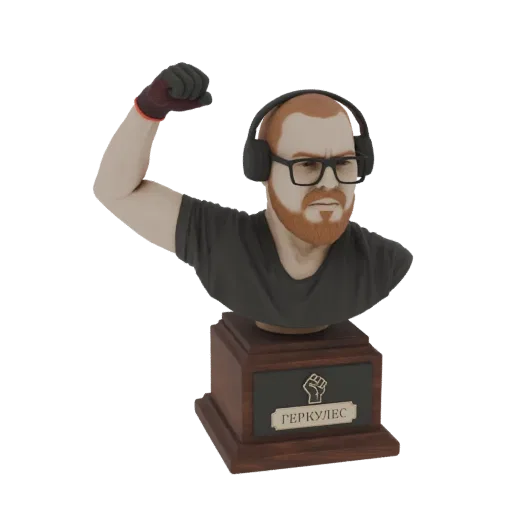 3D-Modell-Rendering einer Büste eines bärtigen Mannes mit Kopfhörern, der seinen Arm anspannt, auf einem Holzsockel mit Faust