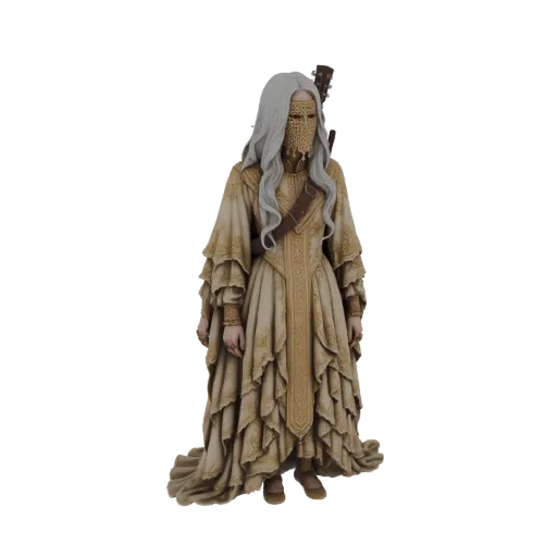 3D model of a mystical oracle figure with a golden mask, flowing beige robes, and a lute on its back, set against a black bac