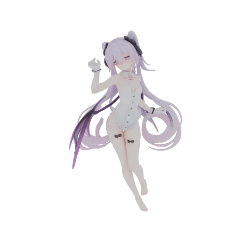 3D model of a cute anime-style bunny girl with purple hair, cat ears, and a white leotard, posed dynamically.