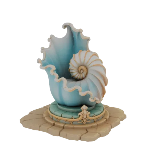 3D model of a nautilus shell throne with a blue interior and golden trim, resting on a stone base.