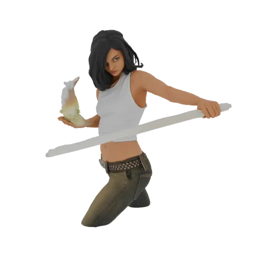3D render of a female warrior character holding a large scythe, wearing a white tank top and dark pants.