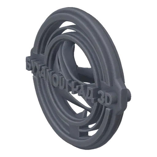 3D render of a grey circular emblem with 'БУХАНОГРАД 3D' text in Cyrillic, featuring layered rings and intricate internal pat