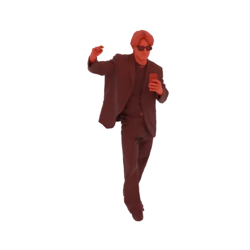 3D-Modell eines Mannes im dunklen Anzug und Sonnenbrille, der ein Smartphone hält und ein Selfie macht.