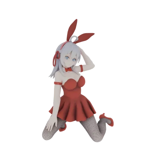 3D model of an anime bunny girl in a red outfit, kneeling with one hand on her head and blue eyes.
