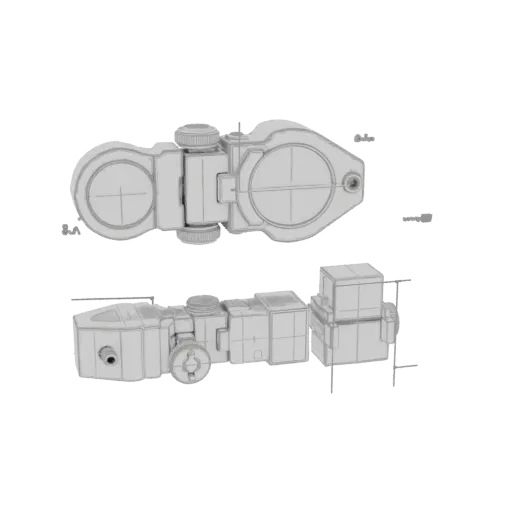 3D model of an adjustable scope mount with integrated rings, shown from top and side views.