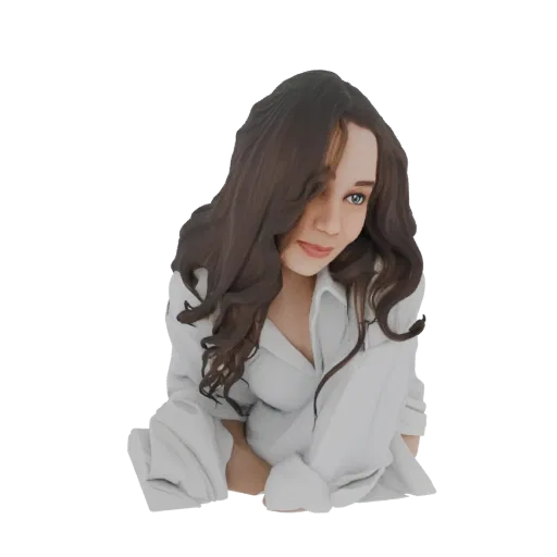 3D model of a young woman with long brown hair wearing a white shirt, looking towards the viewer with a gentle expression.