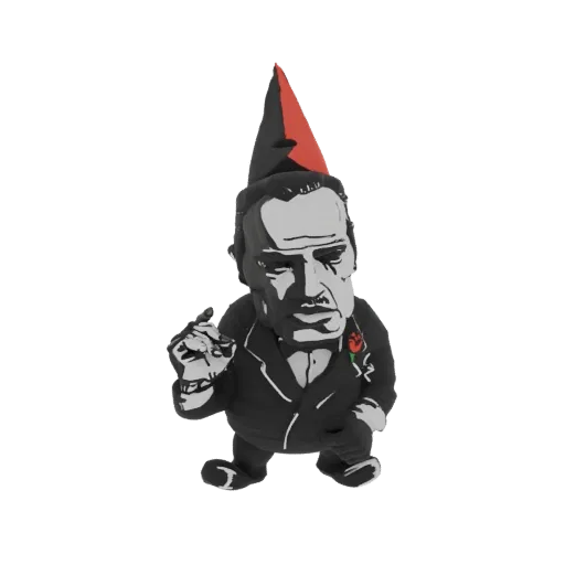 3D model of a gnome dressed as the Godfather, wearing a black suit with a red rose and a red-tipped black hat, in a commandin