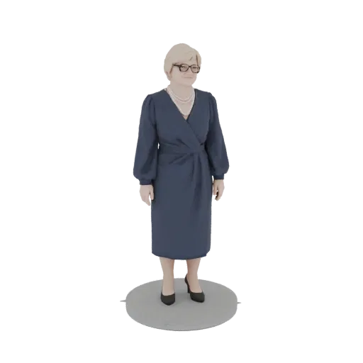 3D model of an elegant woman with blonde hair and glasses, wearing a blue wrap dress and pearl necklace, standing on a circul