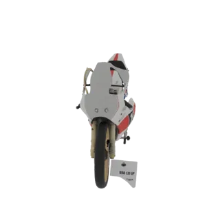 A 3D render of a retro racing motorcycle with a white and red livery and gold wheels, viewed from the front.