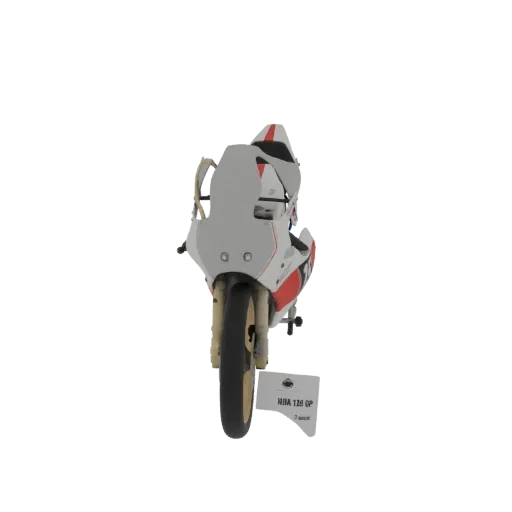 Rendu 3D d'une moto de course rétro avec livrée blanche et rouge et roues dorées, vue de face.