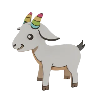Un rendering 3D di una statuetta di capretta bianca carina con corna arcobaleno colorate, in piedi su sfondo nero.