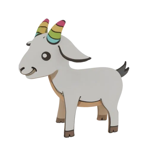 A 3D render of a cute white goat figurine with colorful rainbow horns, standing on a black background.