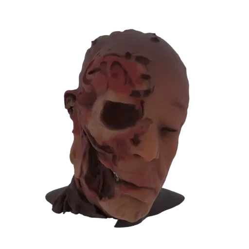 3D model of a decaying zombie head with exposed skull, showing gruesome textures and a horrifying appearance.
