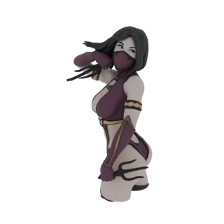 Modelo 3D de Mileena de Mortal Kombat, vestindo um traje roxo e segurando sais, em pose dinâmica.