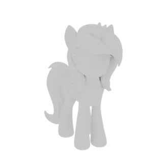 Uma renderização 3D de um pônei branco estilizado e sem textura em pé sobre um fundo branco.