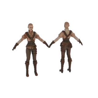 A 3D model of a bald female adventurer wearing a detailed leather harness and adventurer's outfit, shown from the front and b