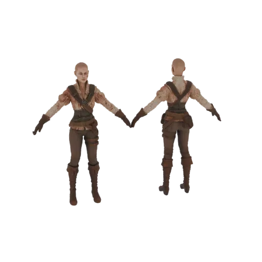 Modelo 3D de aventurera calva con detallado arnés de cuero y atuendo de aventurera, vista frontal y trasera.