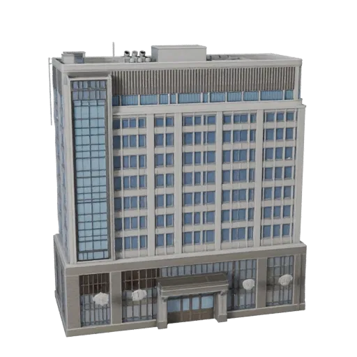 Office Building high poly 3D model, close-up architectural render view, showing commercial office building materials and arch