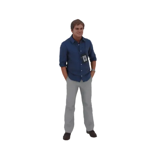 3D model of a man in a blue striped shirt and grey pants, standing with hands in pockets and wearing an ID badge.