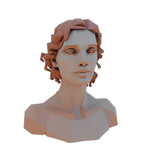 A 3D render of a low-poly stylized female bust with reddish-brown hair and a light skin tone, presented against a white backg