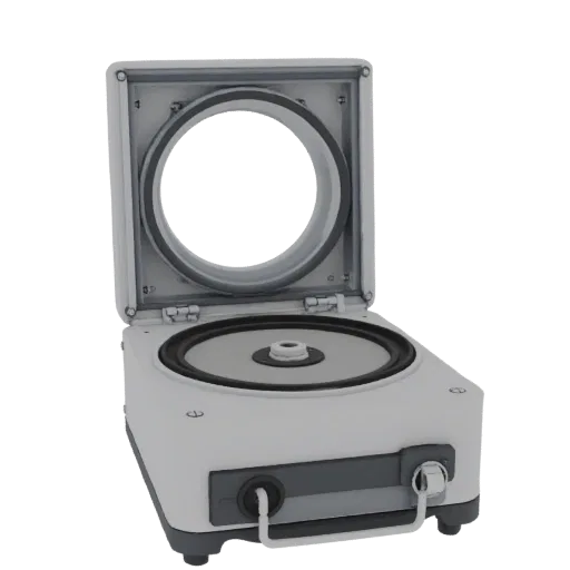 Research Centrifuge 3D model, side profile view, technical viewport render, showing glass, recognizable lab forms.