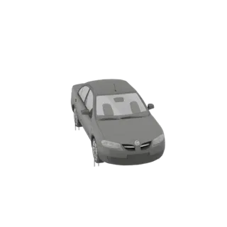 Ein 3D-Modell einer grauen Limousine, aus einem leicht erhöhten vorderen rechten Winkel betrachtet, vor weißem Hintergrund.