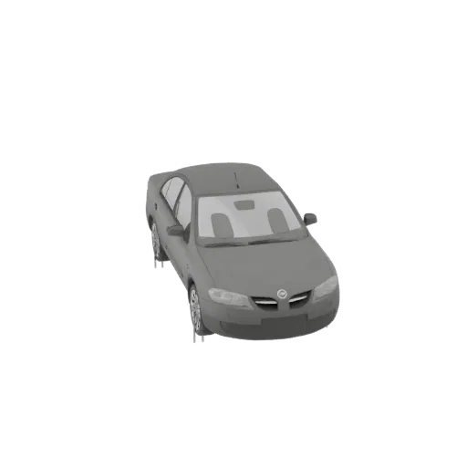 Un modelo 3D de un coche sedán gris, visto desde un ángulo frontal derecho ligeramente elevado, sobre un fondo blanco.