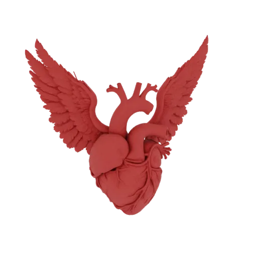 Uma renderização 3D de um coração anatômico vermelho com grandes asas abertas, isolado em um fundo branco.