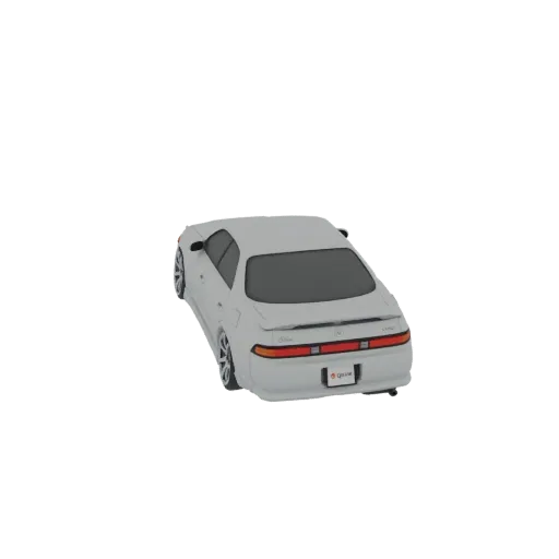 Rear-three-quarter view of a white 3D model sedan with a spoiler and custom wheels, set against a white background.