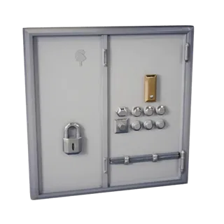 Modern Locked Door Panel Low Poly 3D model, game viewport three-quarter view, showing metal hinges, form detail.