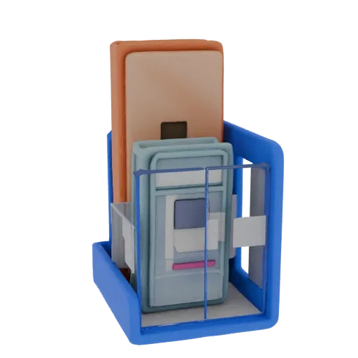3D model of a blue desktop stationery organizer with compartments for pens and pencils.
