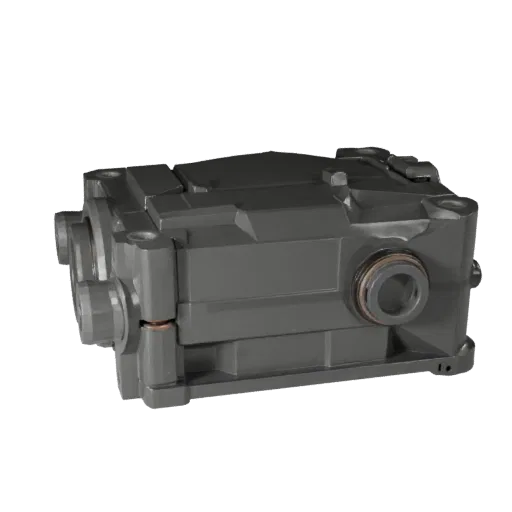 Cast Metal Gearbox Housing Stylized 3D model, stylized isometric render, showing machined metal, precise part geometry.