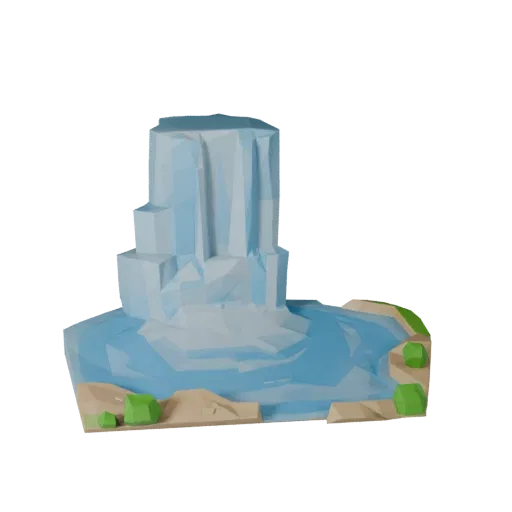 Waterfall Cliff Scene Low Poly 3D model, game viewport three-quarter view, showing wet stone, water edges.