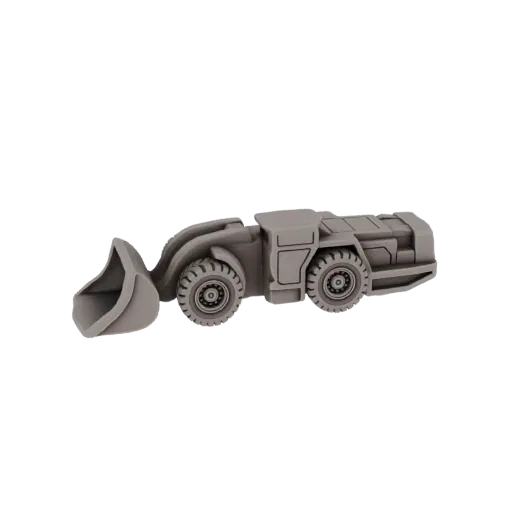 3D model render of a gray, heavy-duty mining loader with a large front bucket and rugged wheels, set against a black backgrou