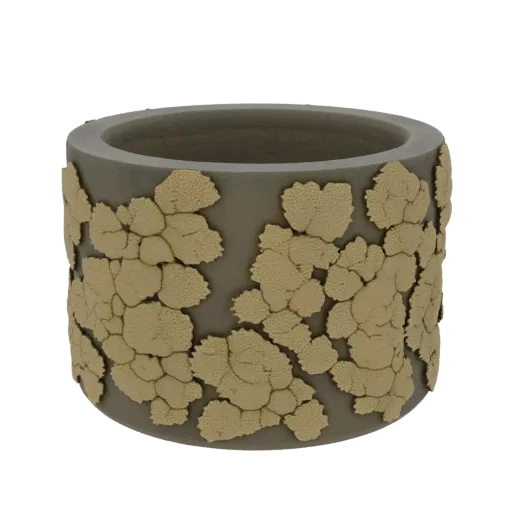 3D model of a cylindrical planter pot with a detailed cracked earth texture in beige and gray.