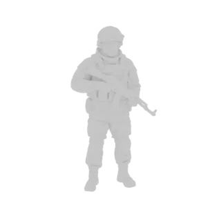 3D model of a modern soldier wearing a helmet and tactical vest, holding an assault rifle.
