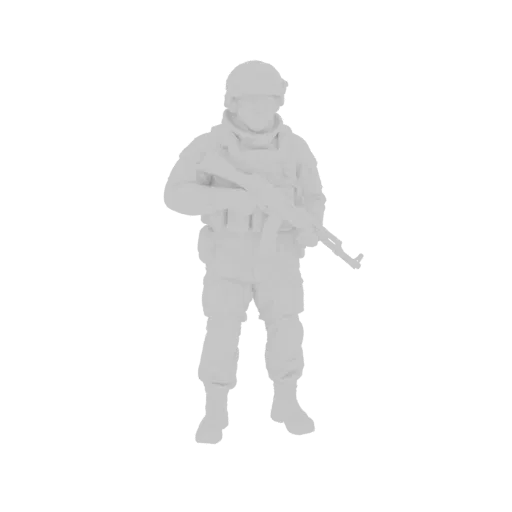 3D model of a modern soldier wearing a helmet and tactical vest, holding an assault rifle.
