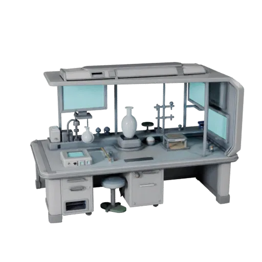 Prototype Containment Pod 3D model, three-quarter front view, Unity viewport, showing clean metal, bench-top devices.