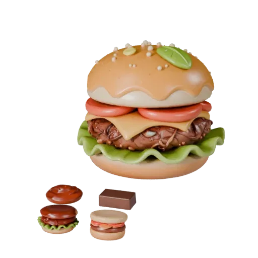 Gourmet Burger Meal Product Viz 3D model, three-quarter studio product render, showing sauces, plated composition.