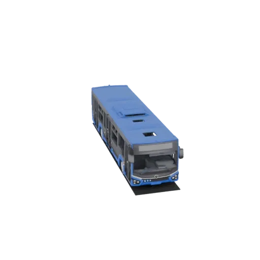 3D model of a blue city bus, viewed from a slightly elevated side angle against a black background.